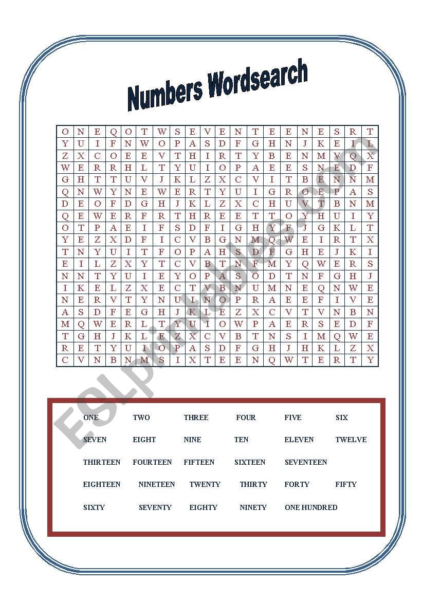 Numbers Word Search worksheet