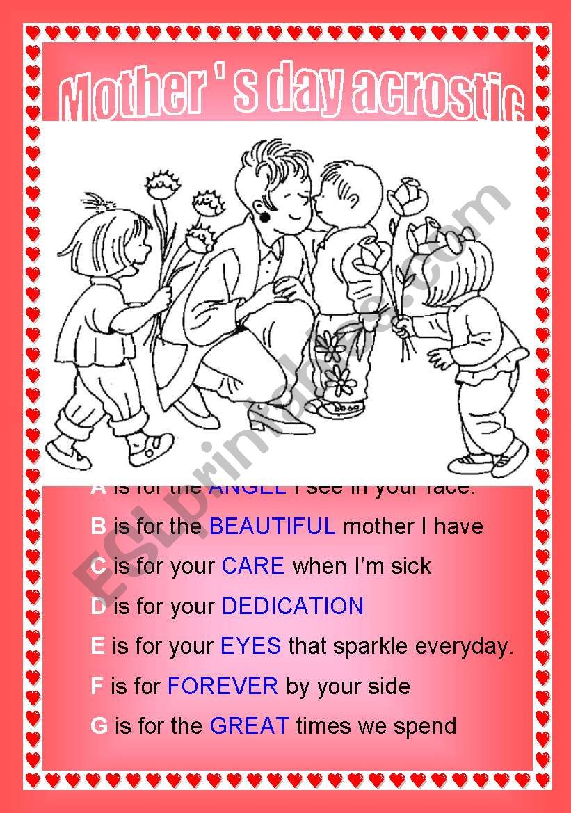 Mother´s Day acrostic - ESL worksheet by karineline