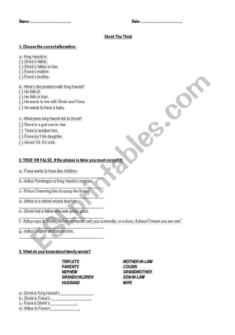 Shrek 3rd Worksheet worksheet