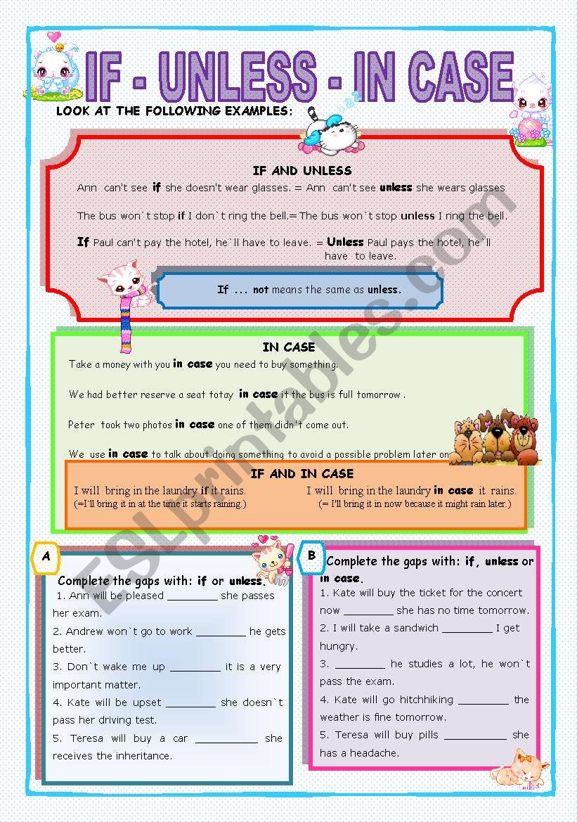 IF - UNLESS - IN CASE worksheet