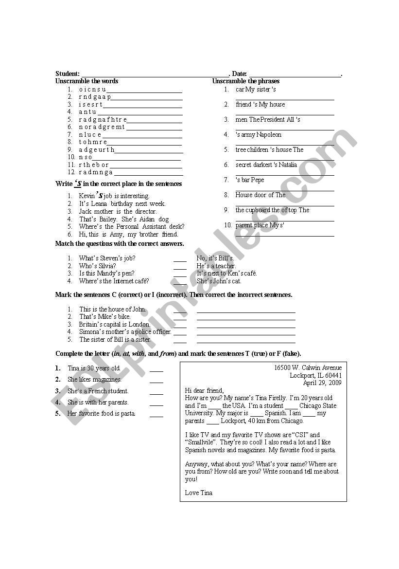 family (possessive nouns)  worksheet