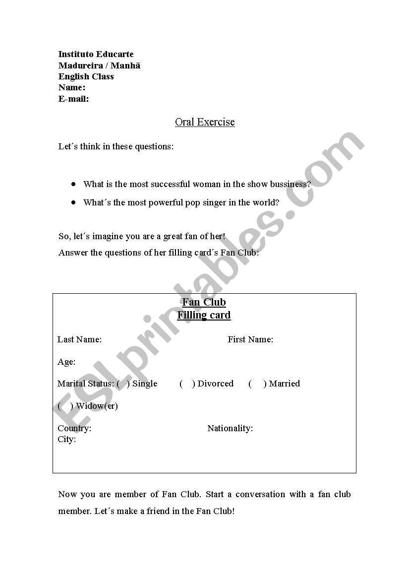 Madonnas fan club worksheet