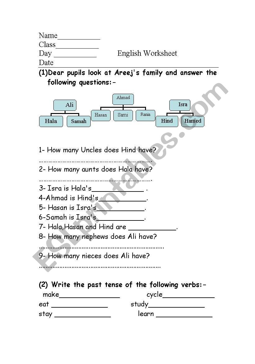 family tree + past tense worksheet