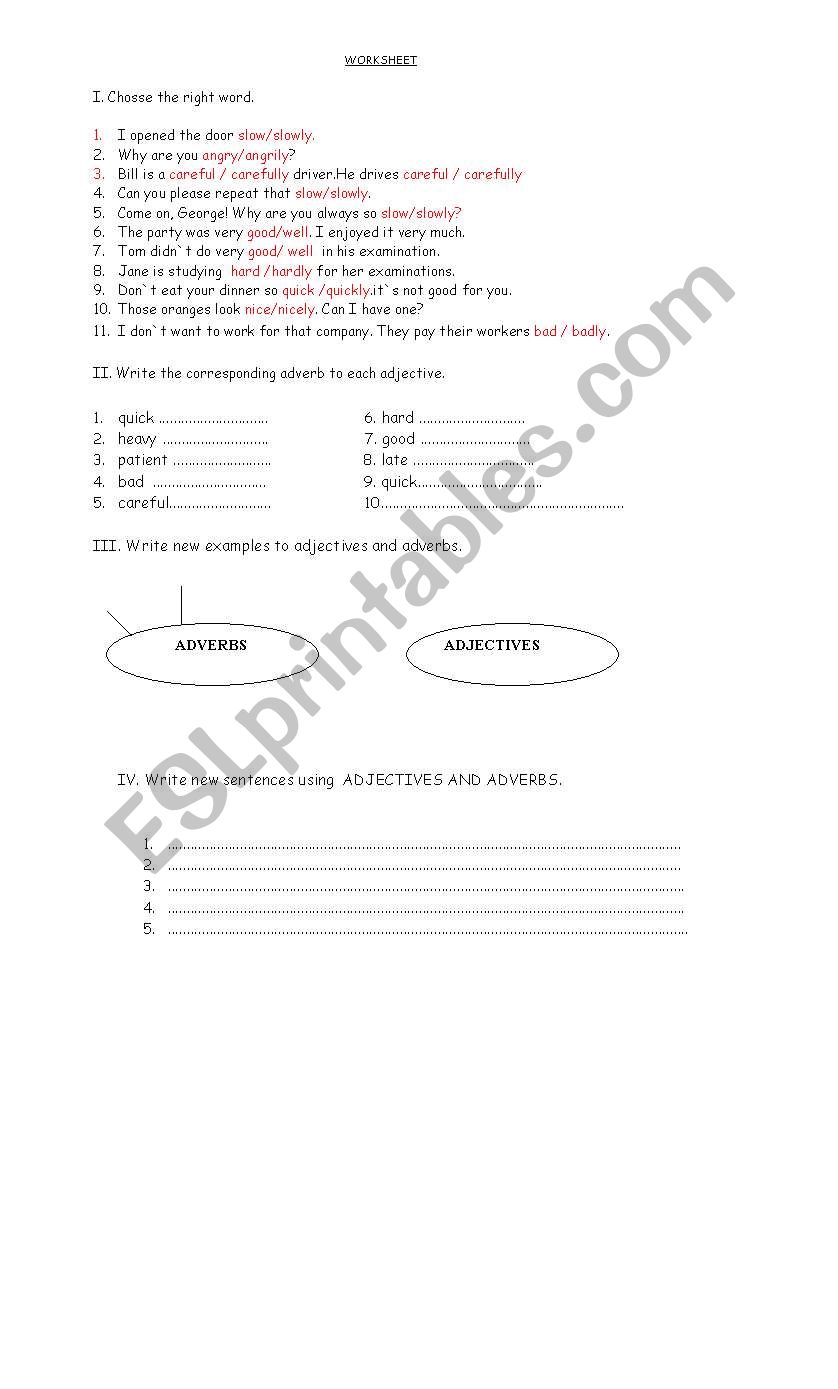 adverbs and djectives worksheet