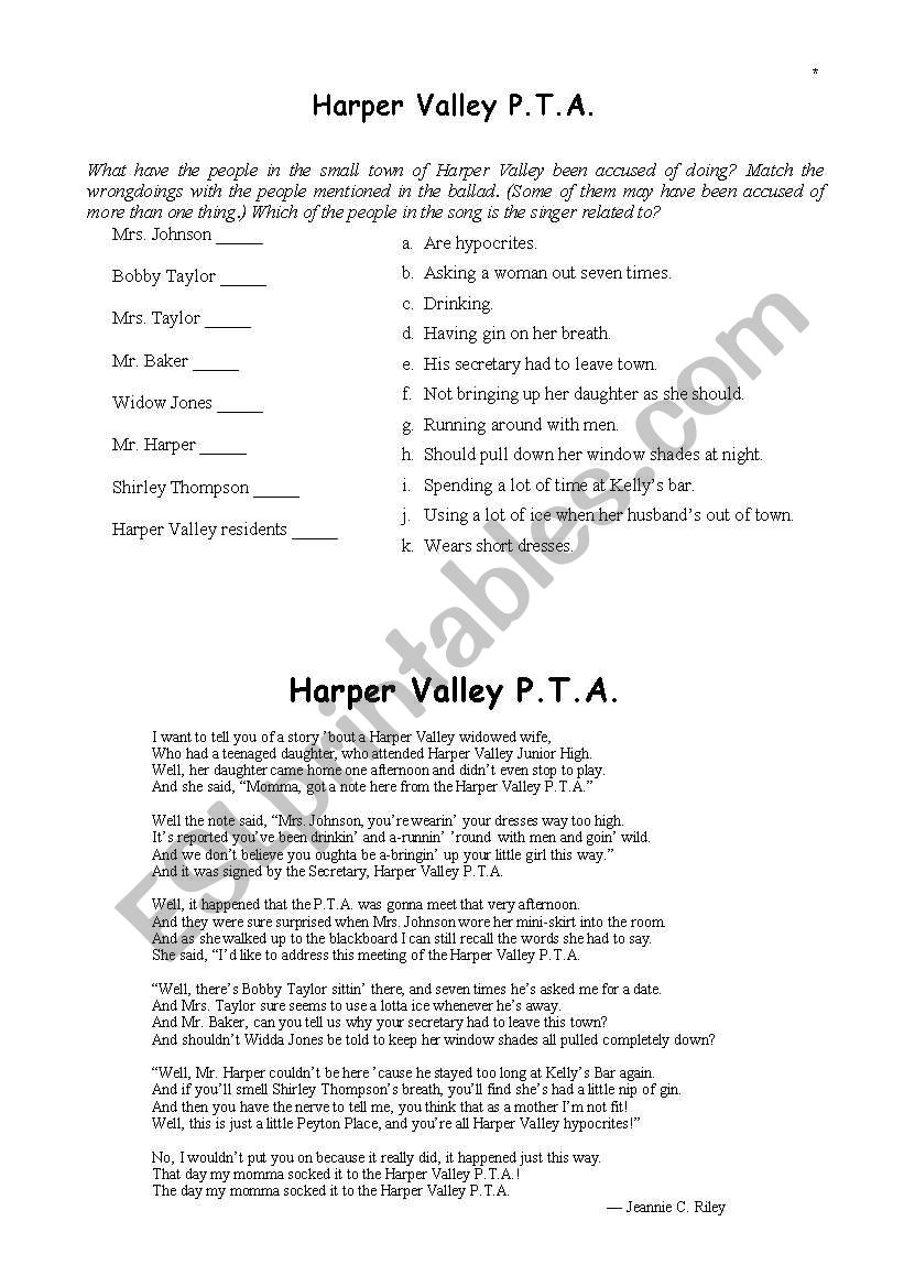 Harper Valley PTA worksheet