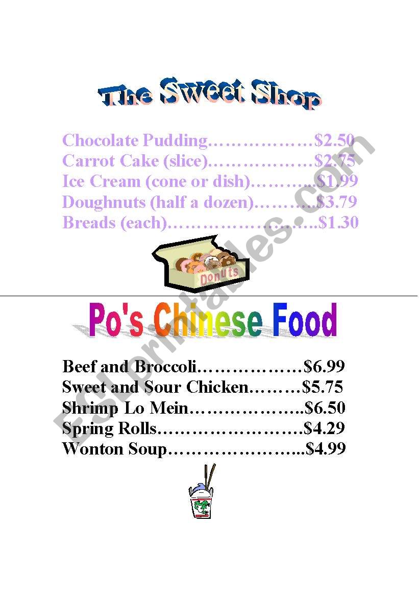 Restaurant Menus worksheet