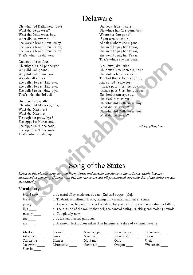 Perry Como - Delaware worksheet