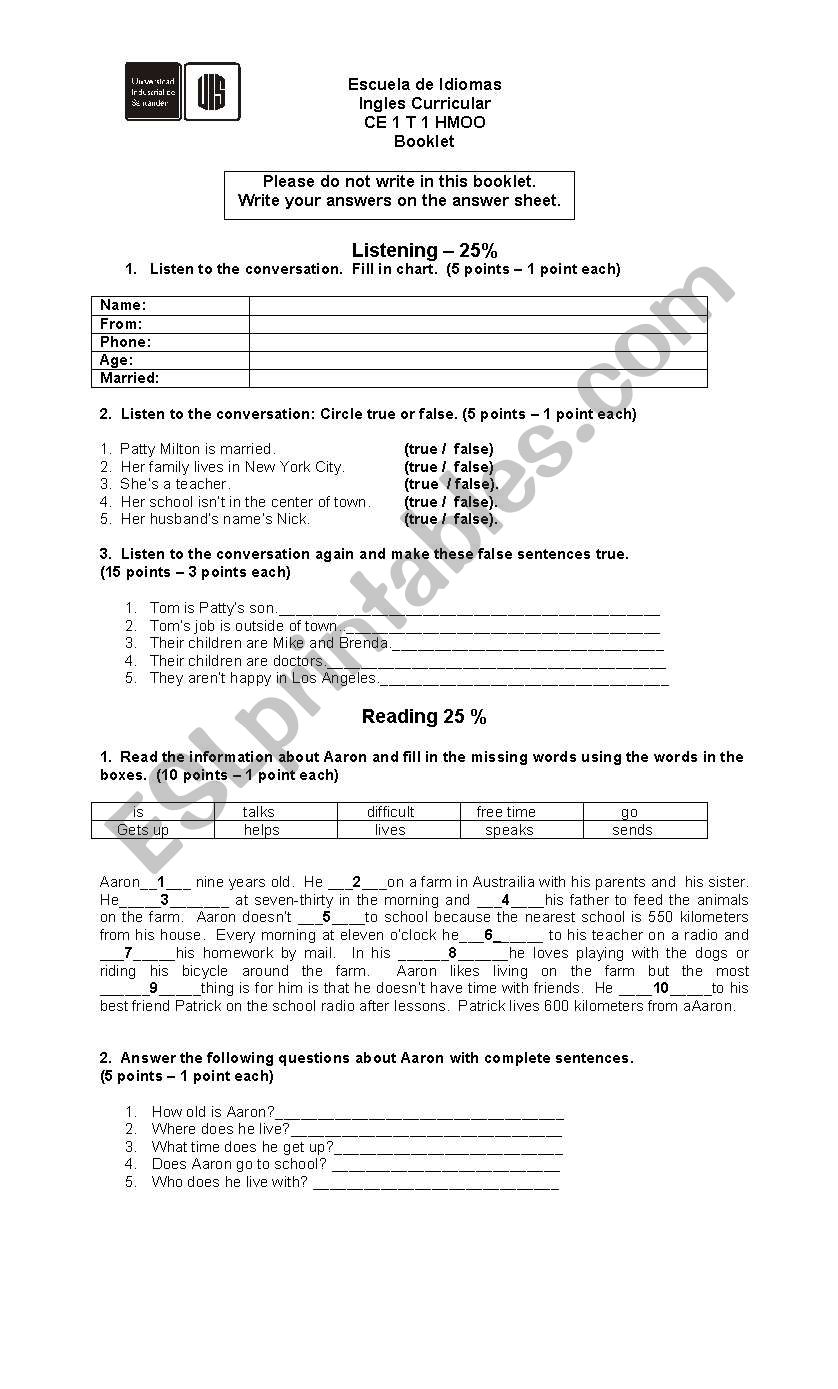 Exam - Headway elementary units 1-4  (1/4)