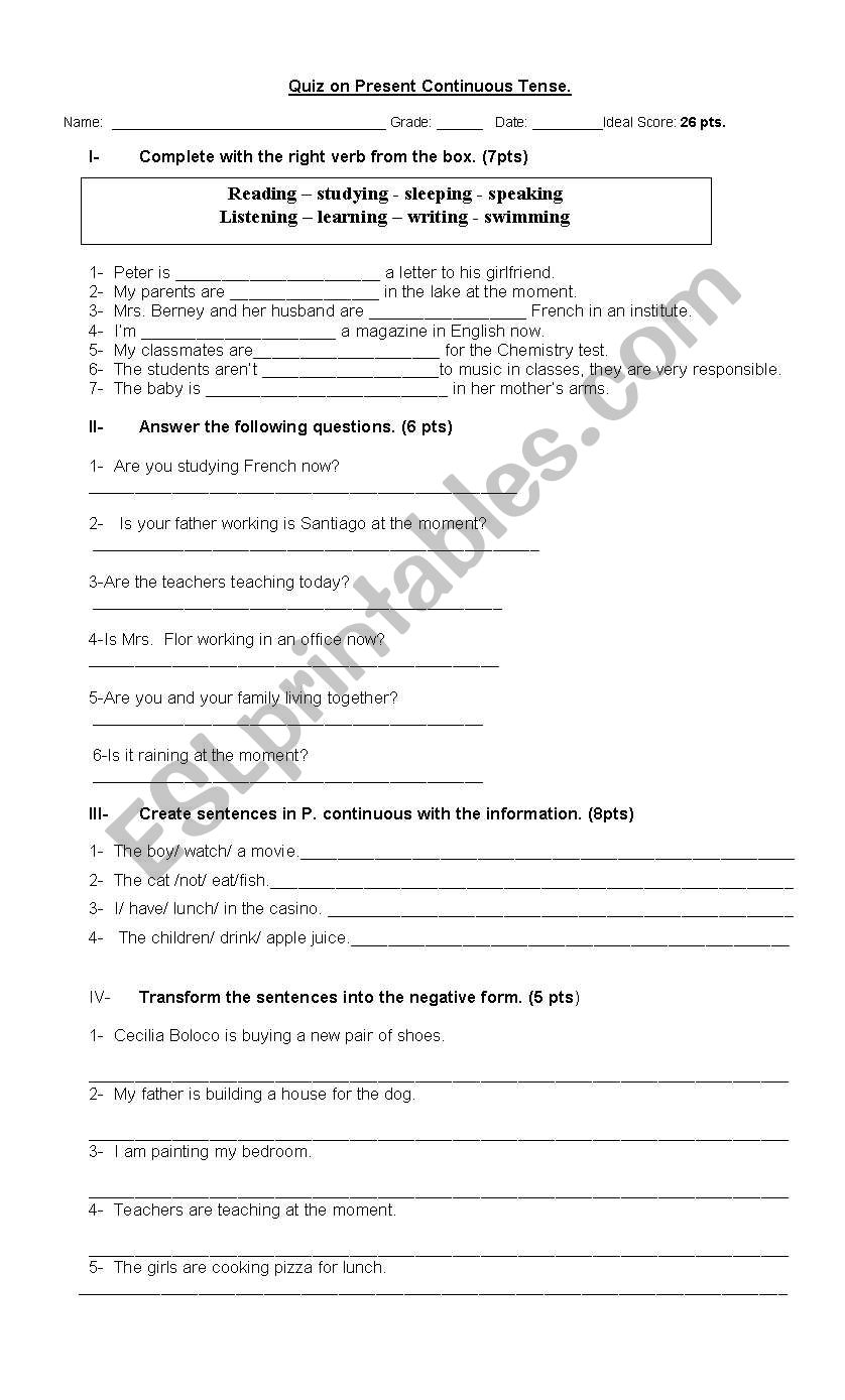 Present Continuous Quiz worksheet