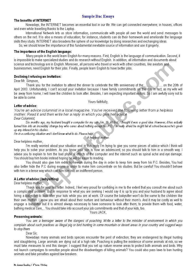 Sample essays worksheet