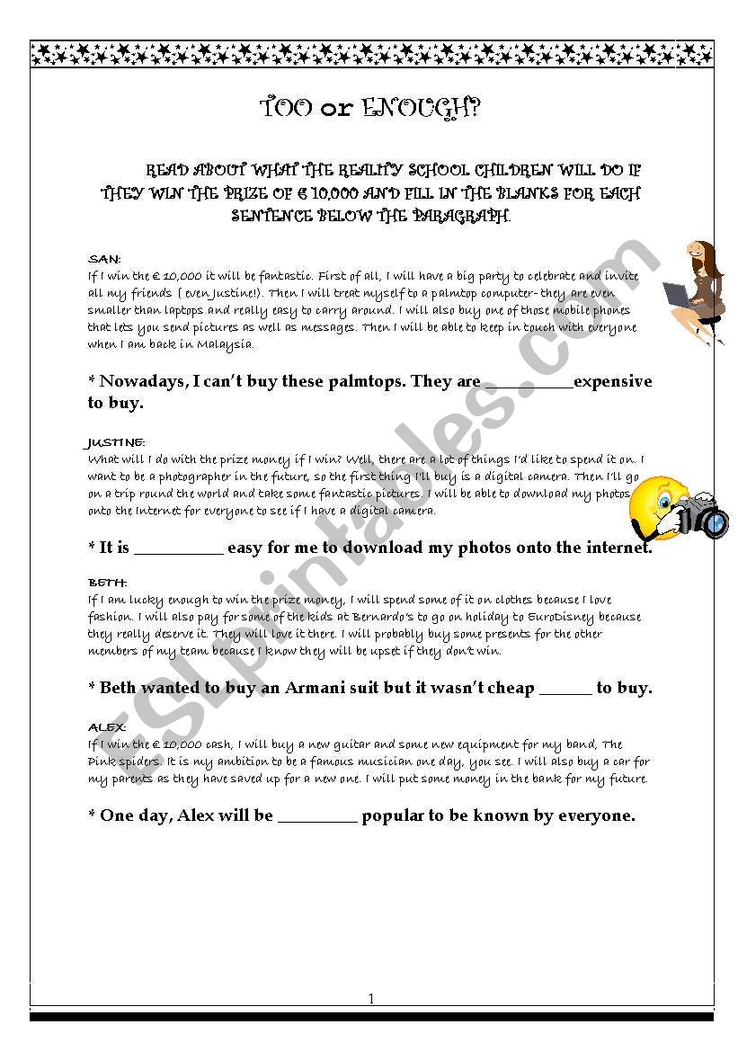 too or enough? worksheet
