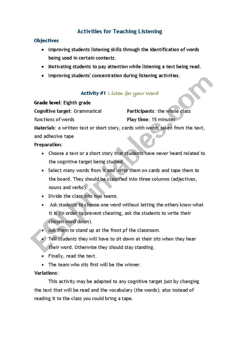 Listen for your word worksheet