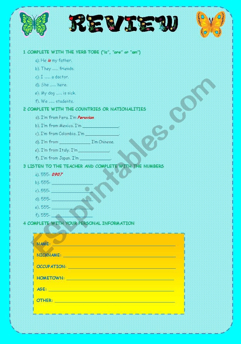 review (or exam) worksheet