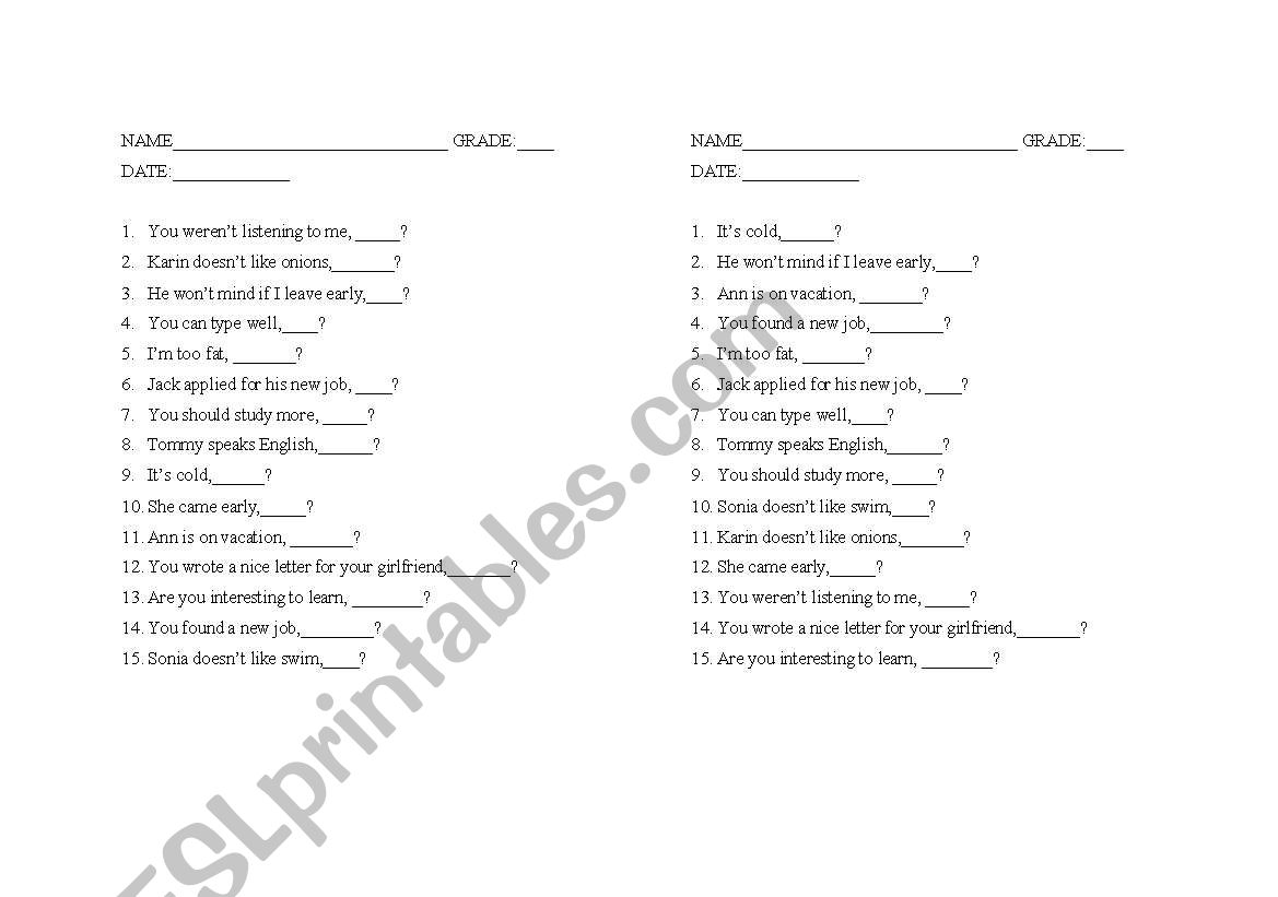 Tag question worksheet