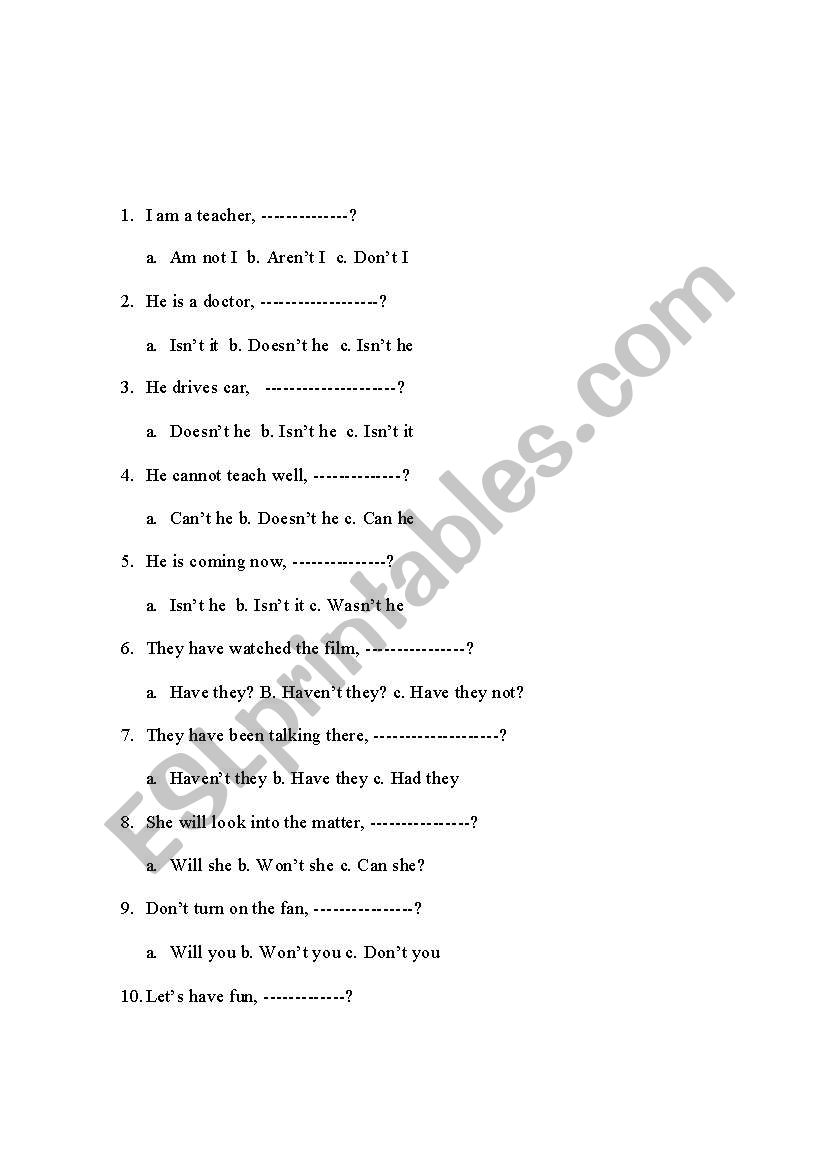 Quesstion Tags worksheet