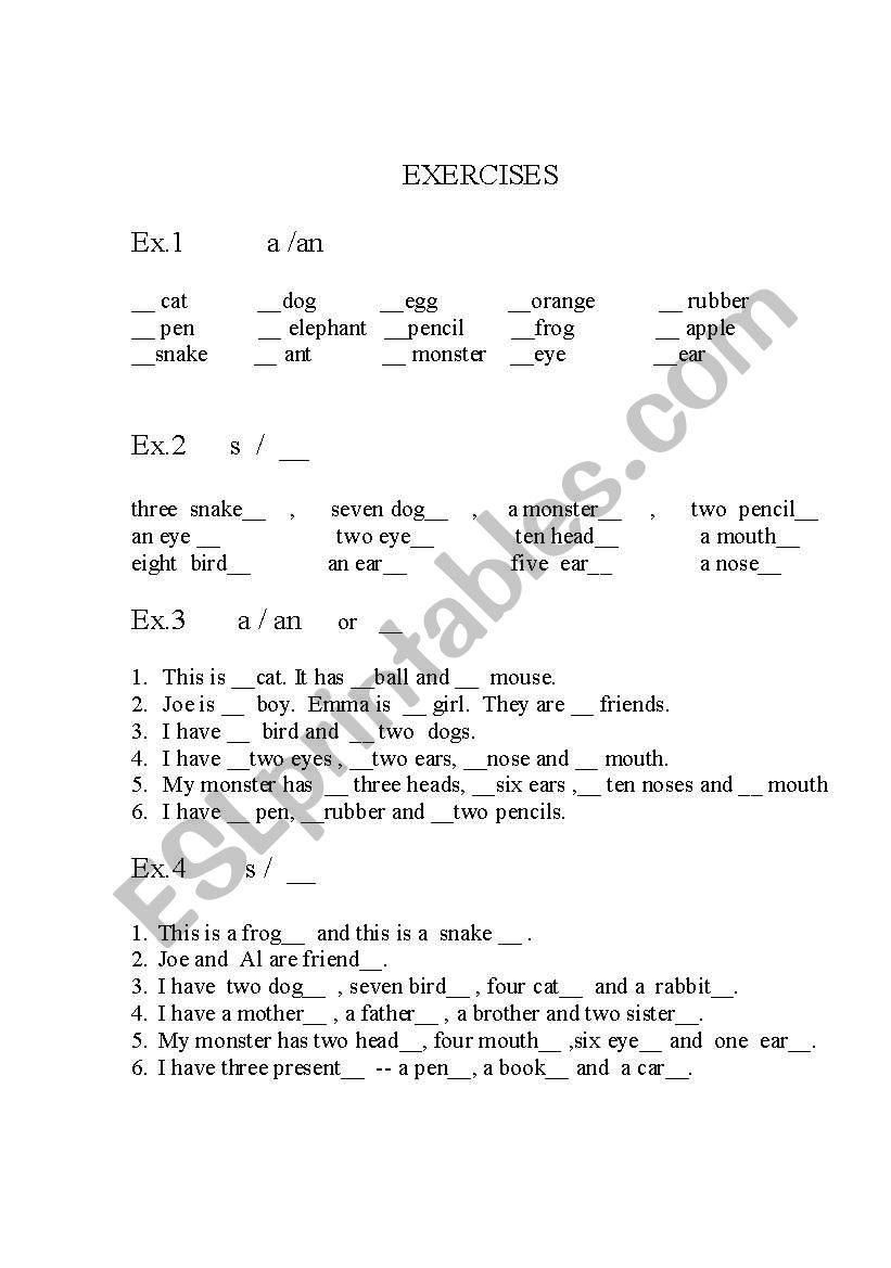 A /An, Plural worksheet