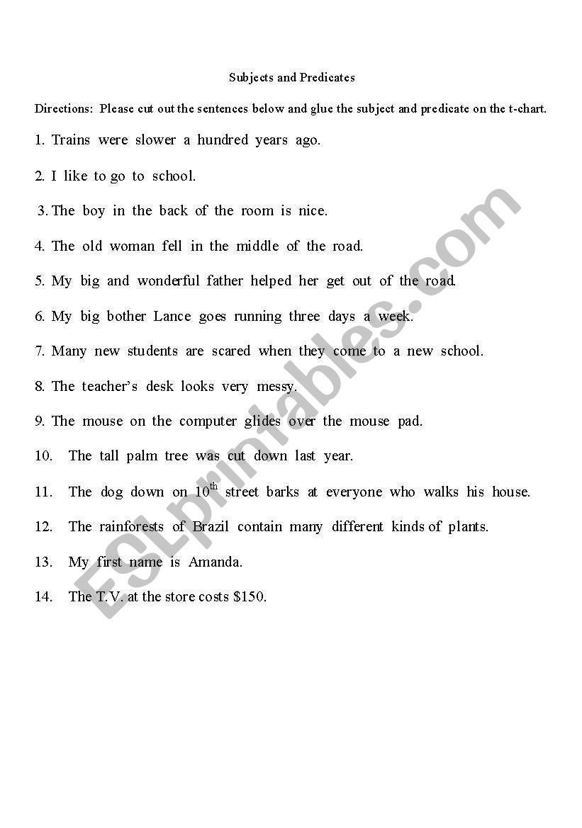 Subject/Predicate Cut and paste worksheet and T-chart