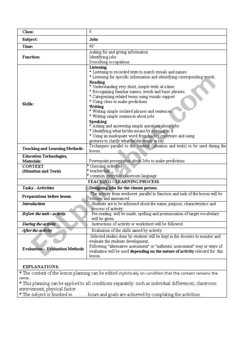 Jobs lesson plan worksheet