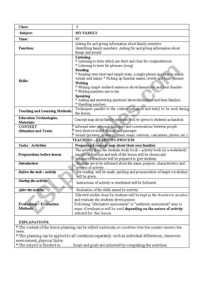 Family lesson plan worksheet