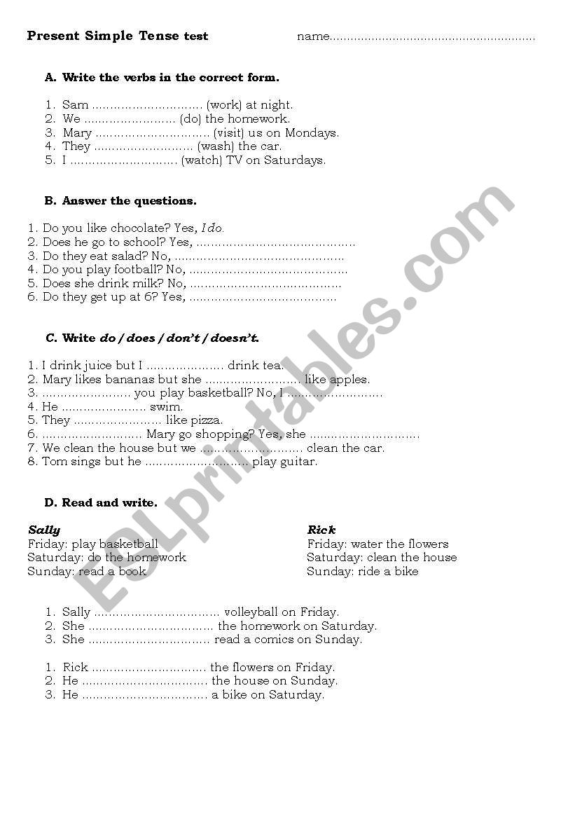 Present Simple test worksheet