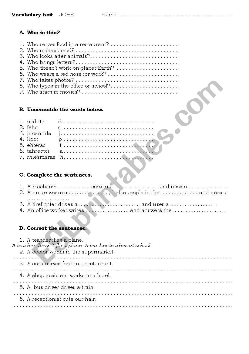 Jobs and professions worksheet