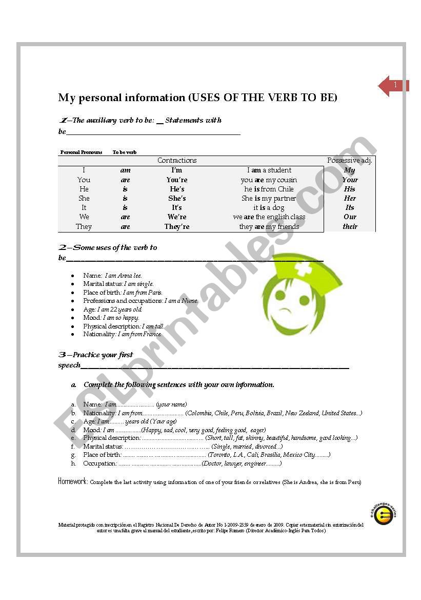 uses of the verb to be worksheet