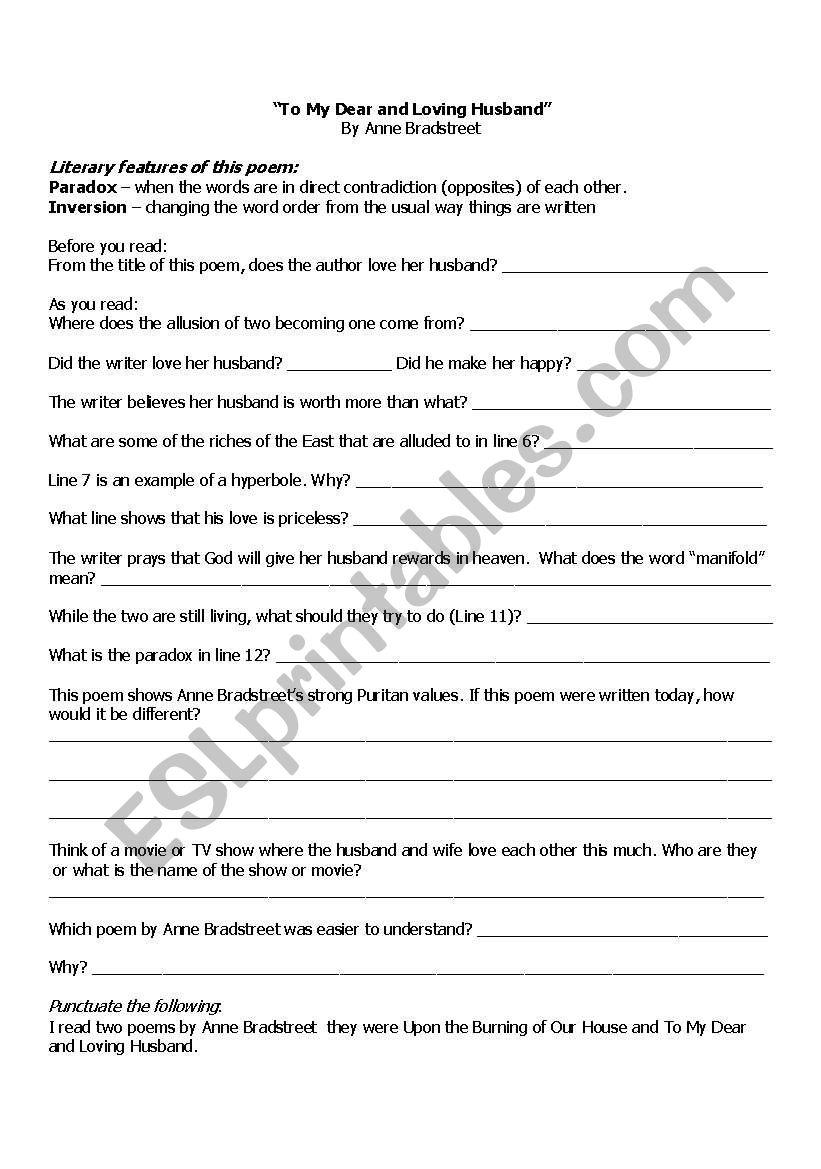 To My Dear and Loving Husband worksheet