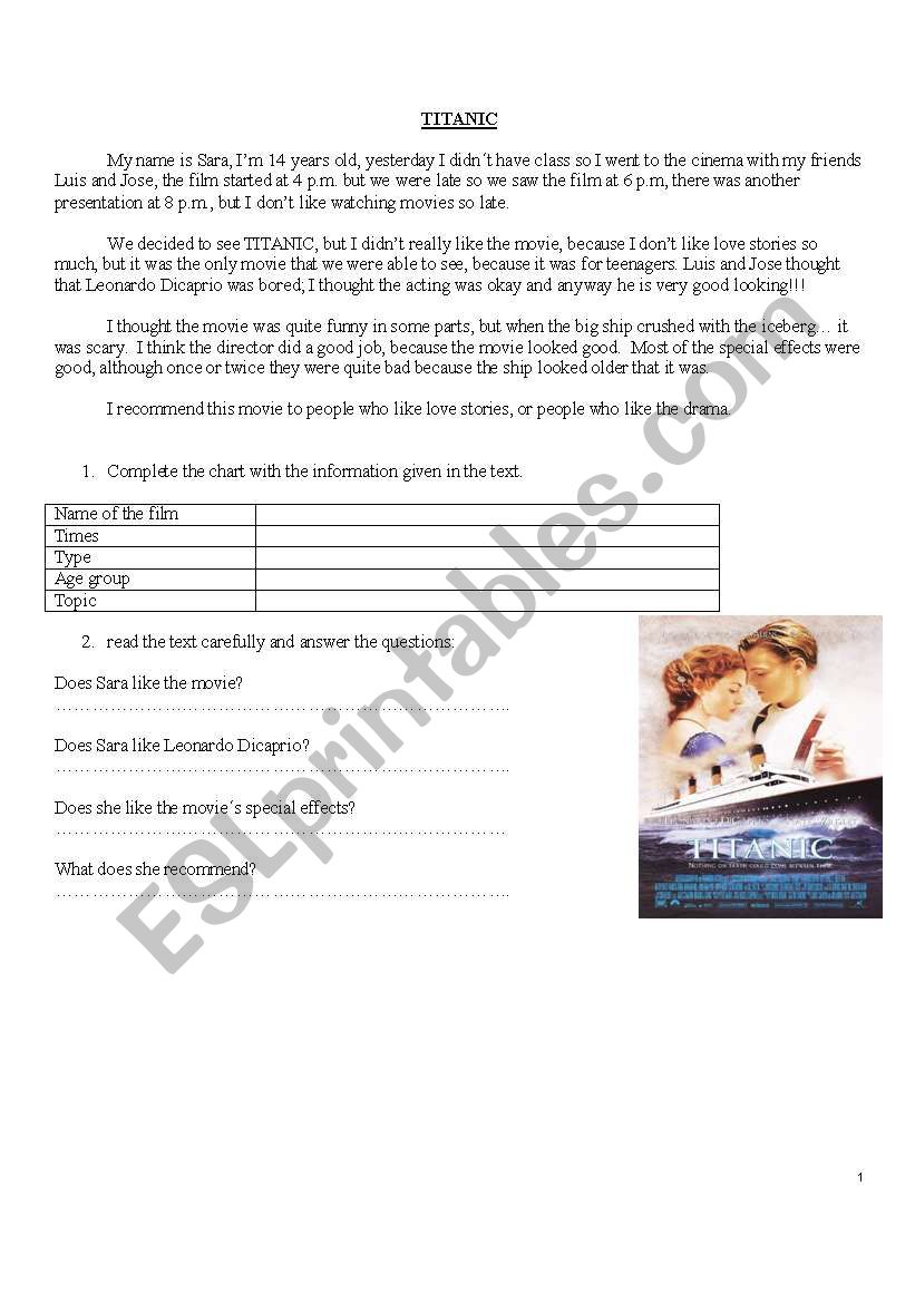 titanic movie worksheet