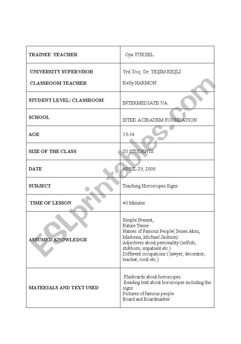 lesson plan about teaching horoscope signs