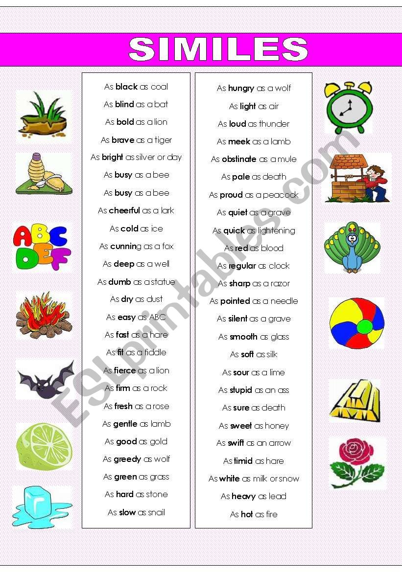 similes worksheet