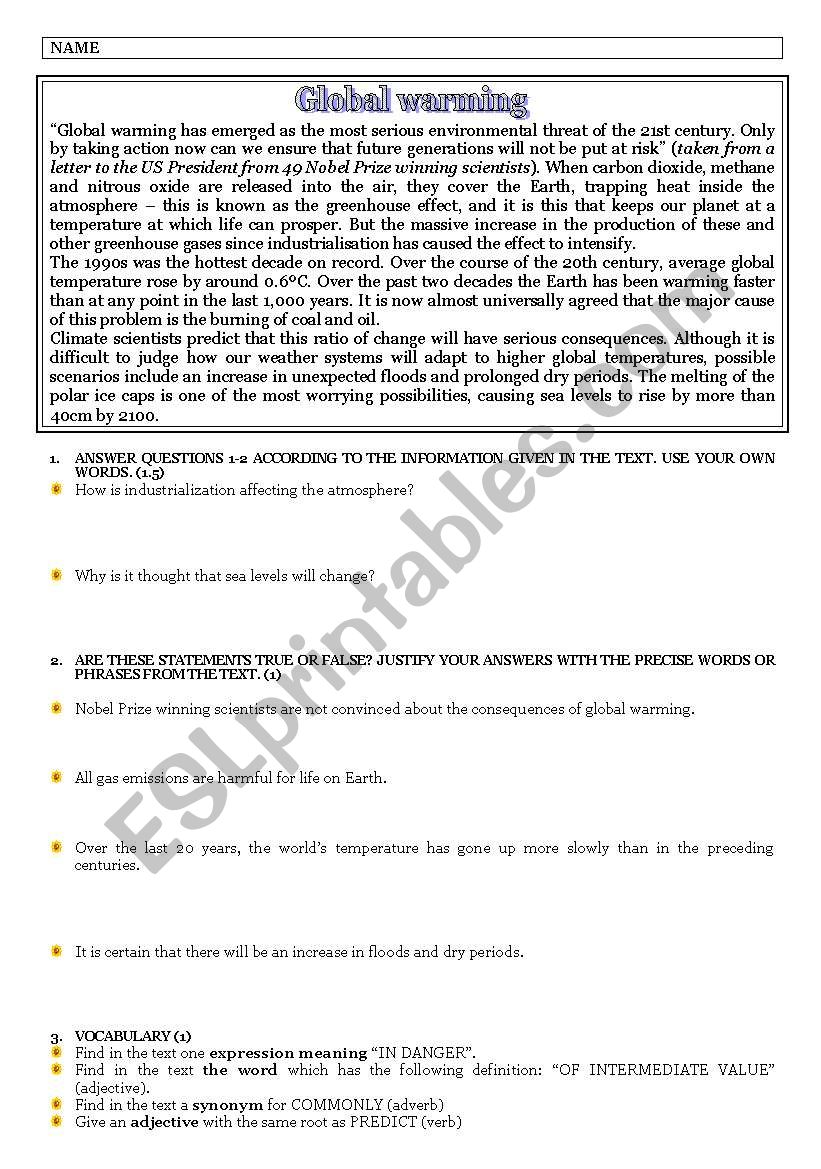 TEST: GLOBAL WARMING worksheet