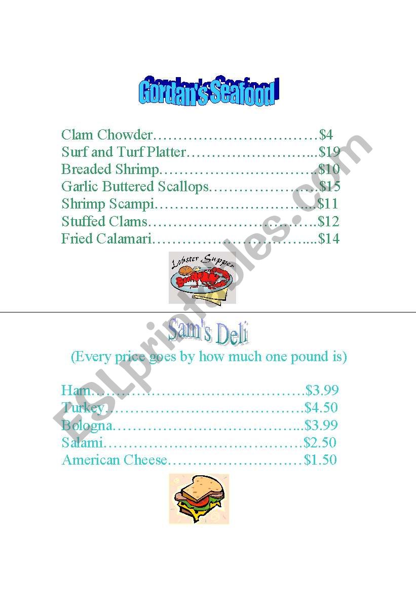 Restaurant Menus 2 worksheet