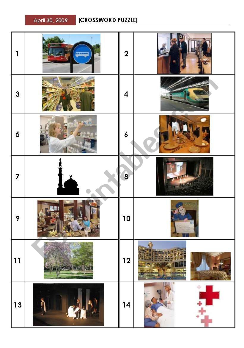 Crossword puzzle for places  worksheet