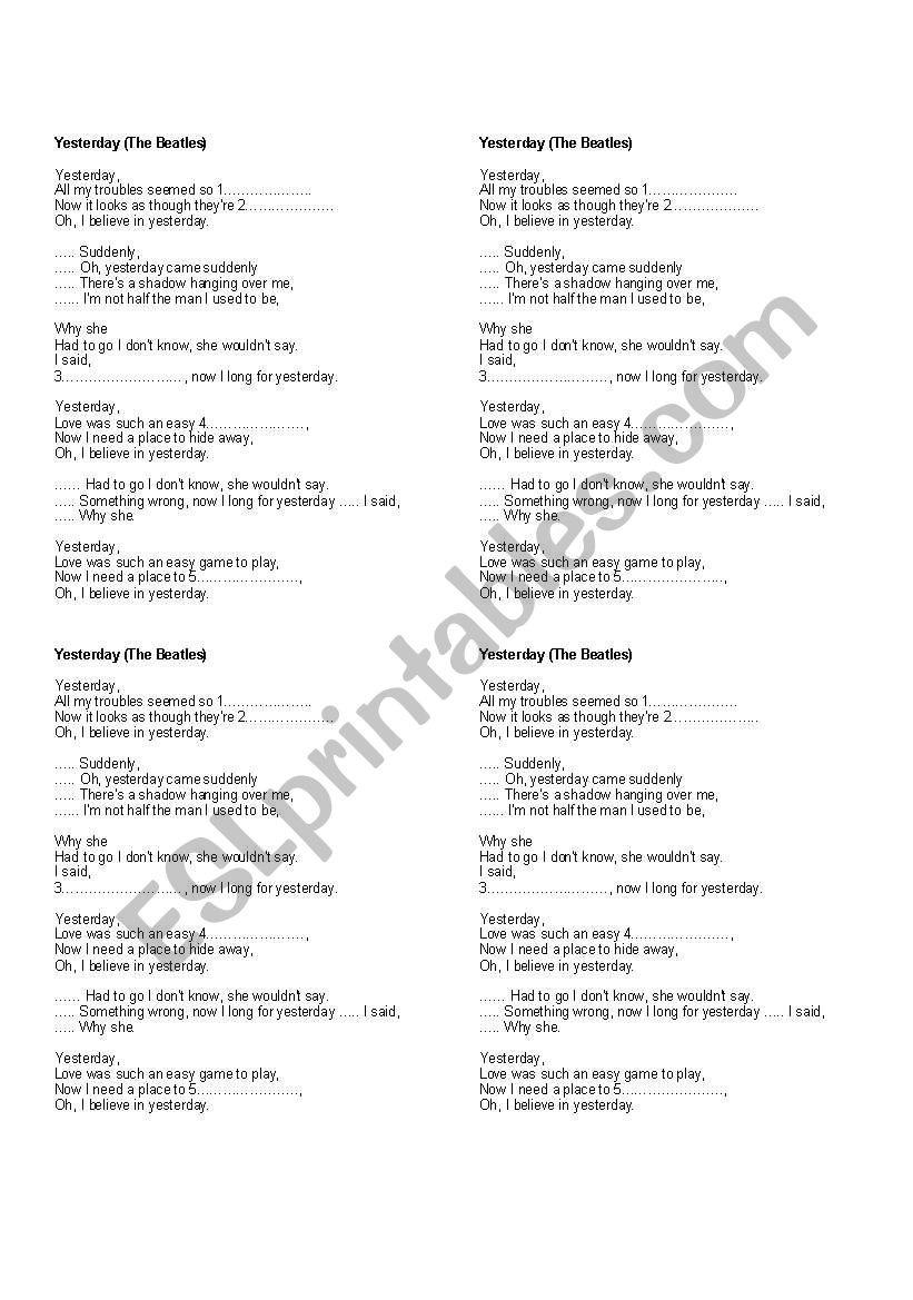 yesterday-the beatles worksheet