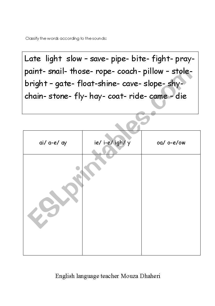 phonic sounds ai -oa- ie worksheet