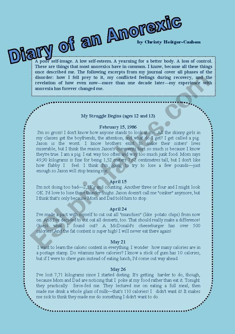 Diary of an anorexic worksheet