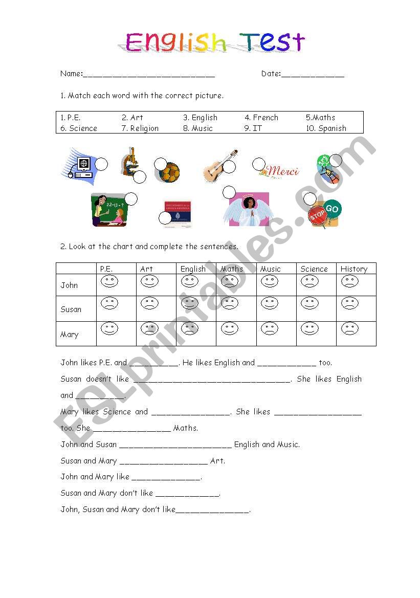 Elementary english test worksheet