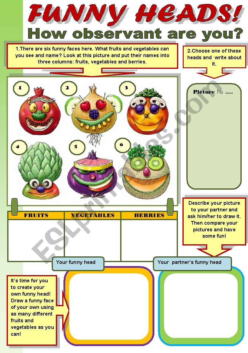 FUNNY HEADS!  - FRUITS AND VEGETABLES REVISION WITH FUN!