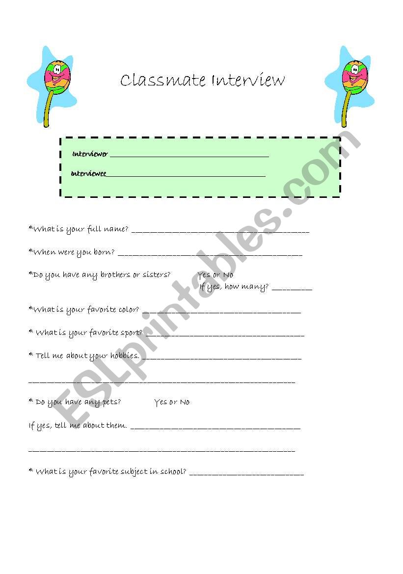 Classmate Interview  worksheet