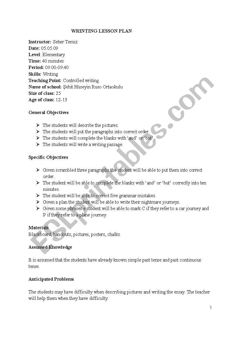 writing lesson plan worksheet