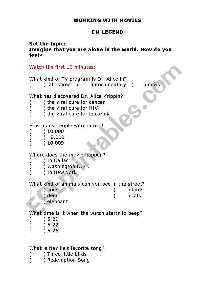 Movie - Im the legend worksheet