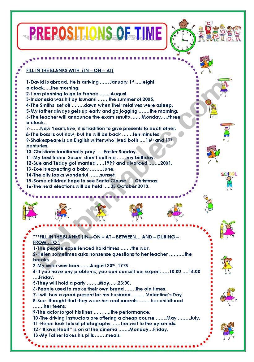 PREPOSITIONS OF TIME worksheet