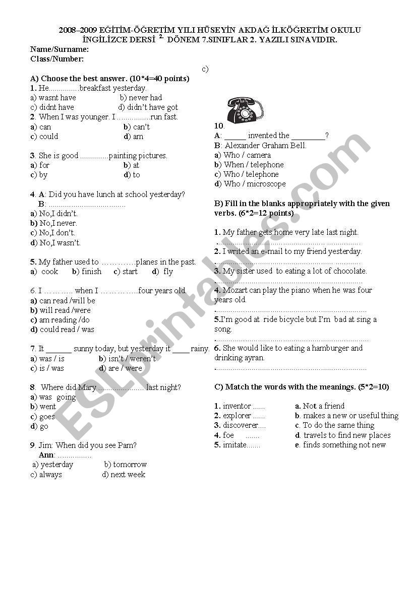 ENGLISH EXAM FOR 7TH GRADE STUDENTS