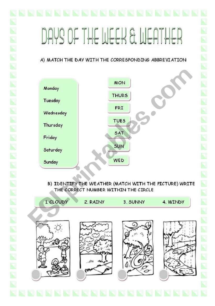 DAYS OF THE WEEK AND WEATHER worksheet