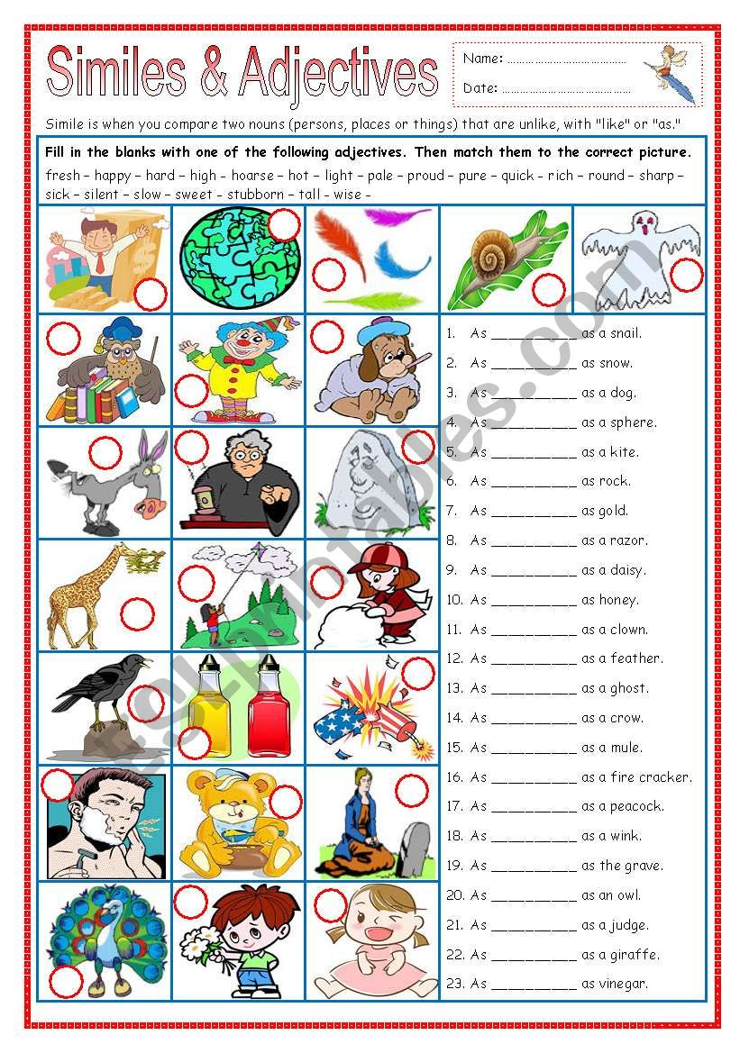 Similes & Adjectives (part 2) worksheet