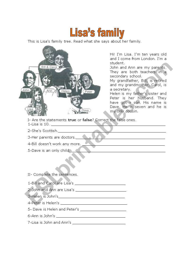 Lisas family worksheet