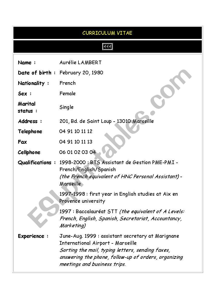 How to write a Curriculum Vitae - ESL worksheet by sebastien