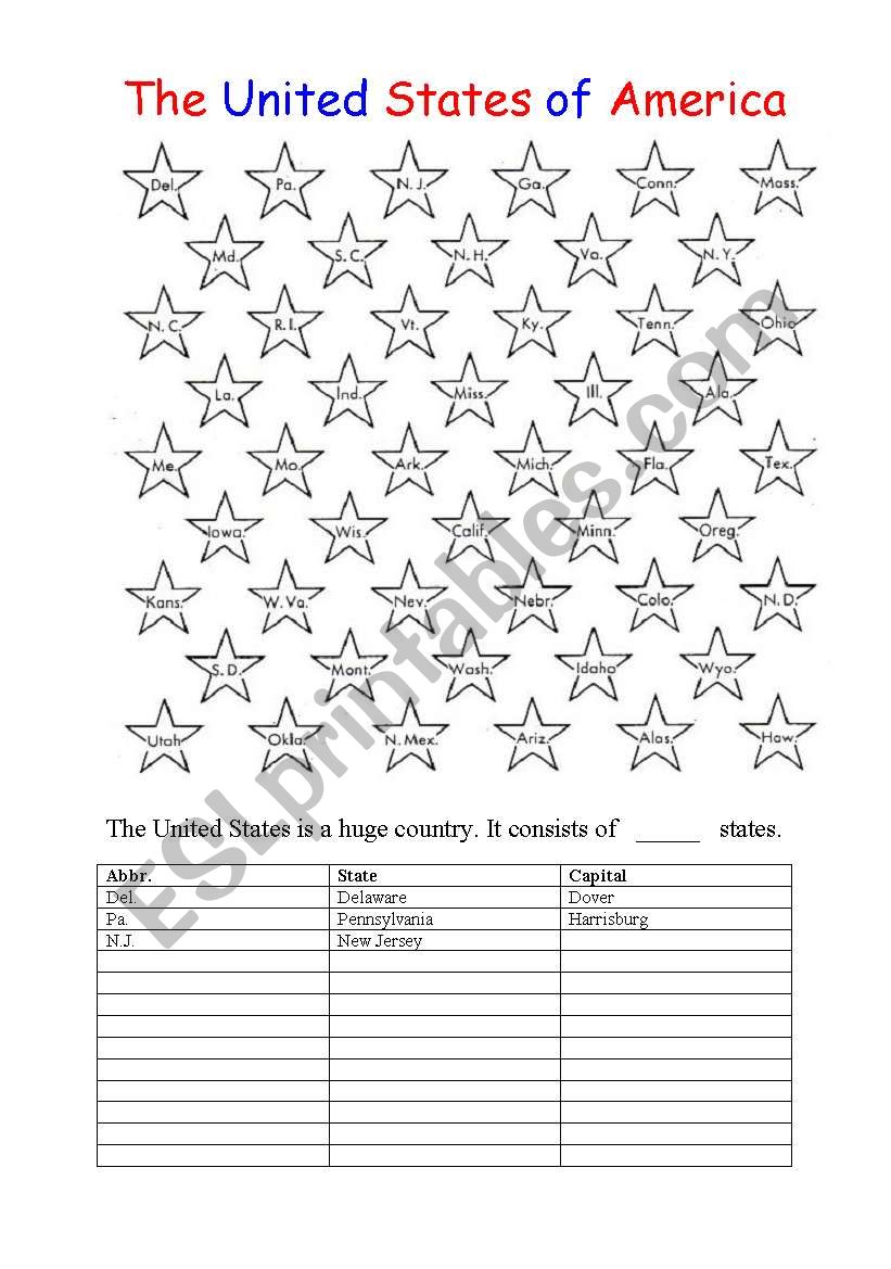 The United States of America worksheet