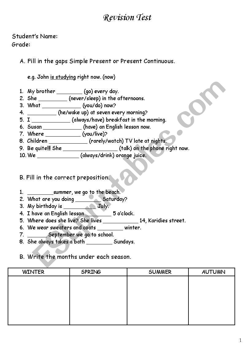 Revision test for beginners worksheet