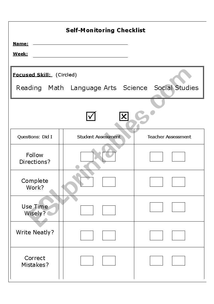 Self-Monitoring Checklist  worksheet